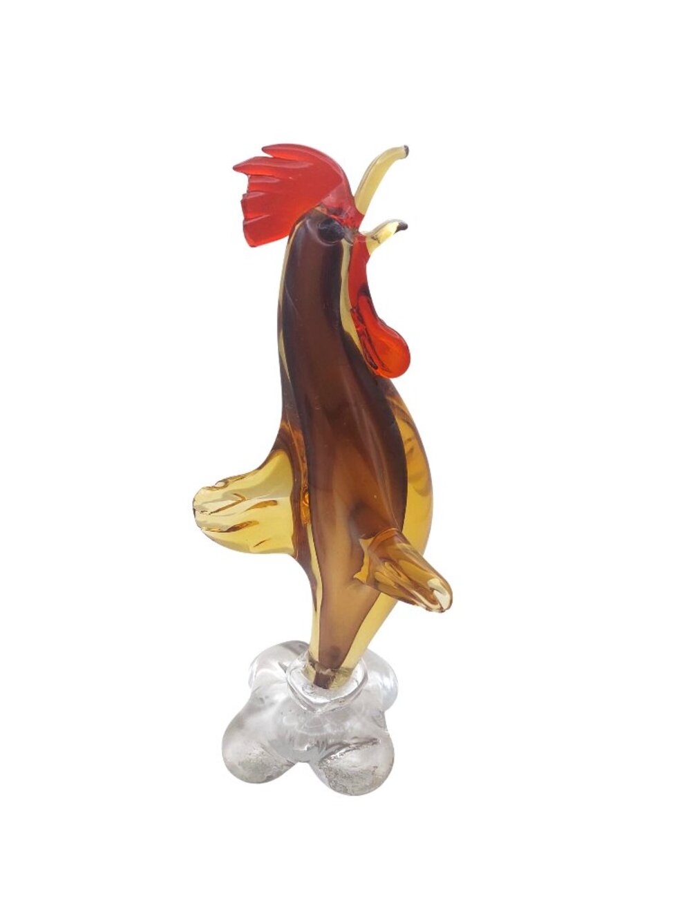 READ Hand Blown Glass Rooster Figurine Murano Style Amber Red Studio Art Vintage